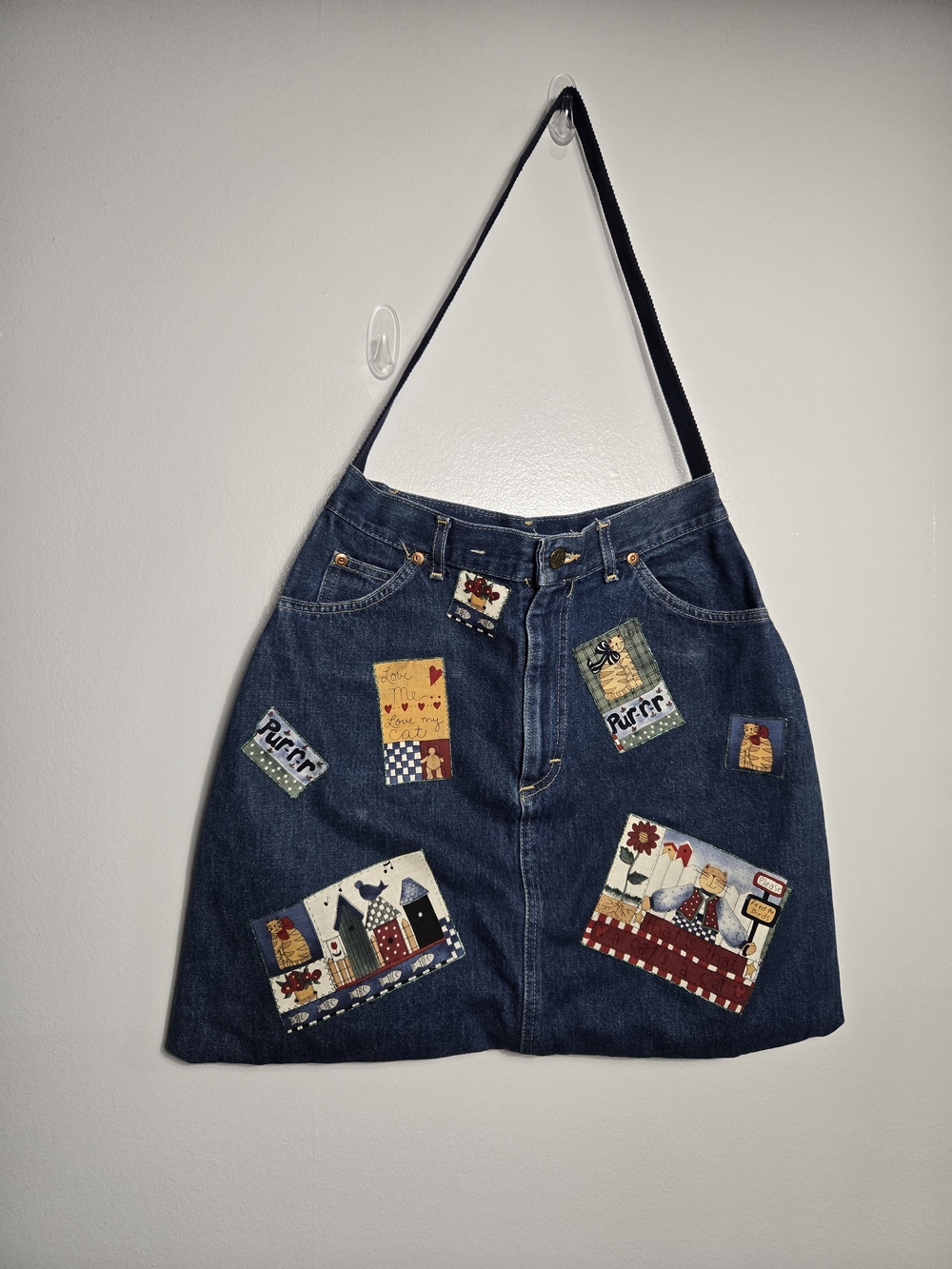 Handmade Upcycled Denim Jean Tote Bag Country Folk Art Patchwork Shoulder Purse